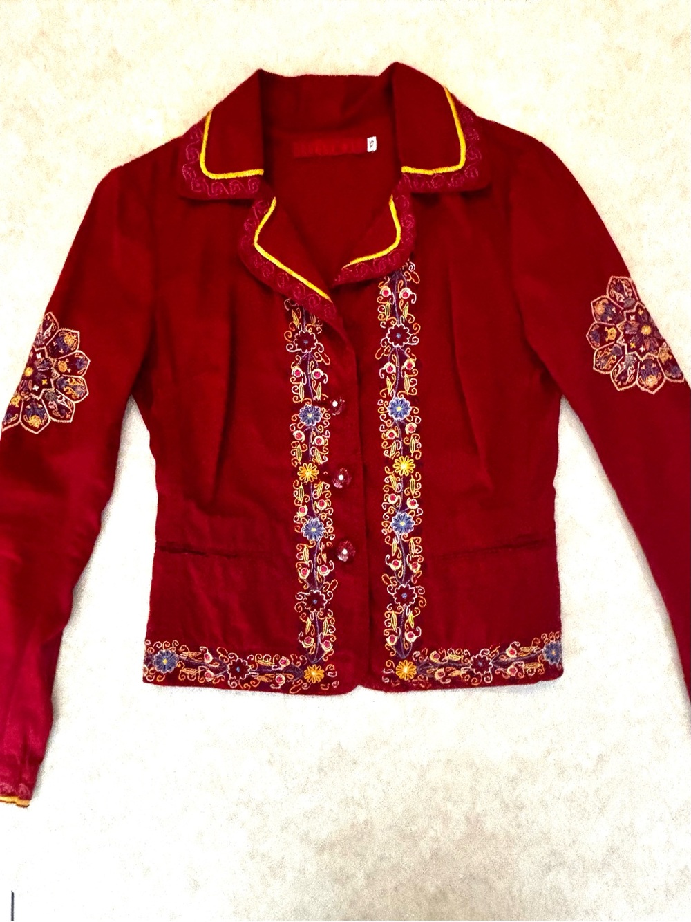 Johnny Was Red Embroidered Floral Blazer with Yellow Trim